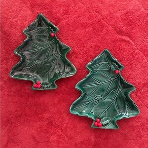 Vintage Lefton Holly Berry Christmas Tree Dishes, Set of 2
